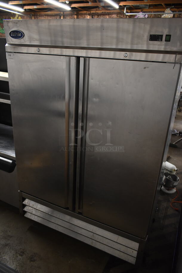 Entree CR2 Stainless Steel Commercial 2 Door Reach In Cooler w/ Poly Coated Racks on Commercial Casters. 115 Volts, 1 Phase. Tested and Working!