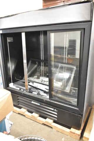 BRAND NEW SCRATCH AND DENT! Beverage Air MMR66HC-1-BB MarketMax 75" Black Glass Sliding Door Merchandiser Refrigerator with Black Interior. 2 Doors w/ Broken Glass, See Pictures. 115 Volts, 1 Phase. 