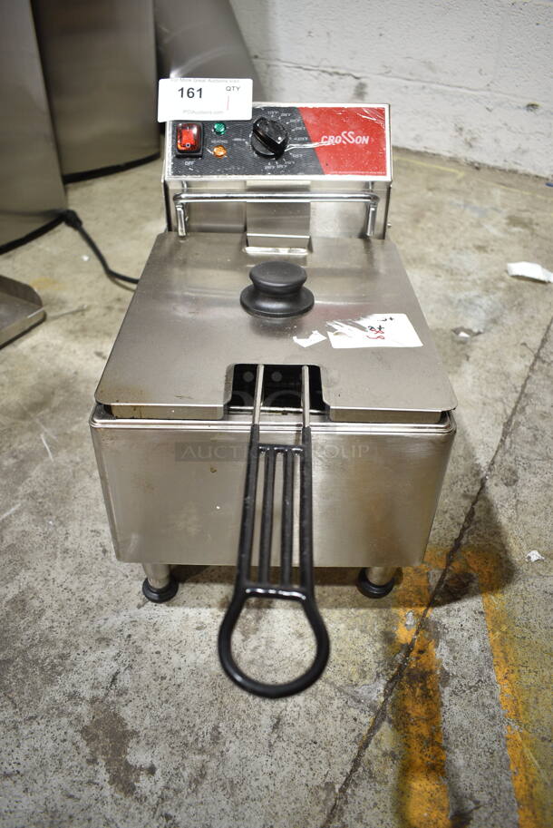 2023 Crosson CF-13 Stainless Steel Commercial Countertop Electric Powered Single Bay Fryer w/ Metal Fry Basket and Lid. 120 Volts, 1 Phase.