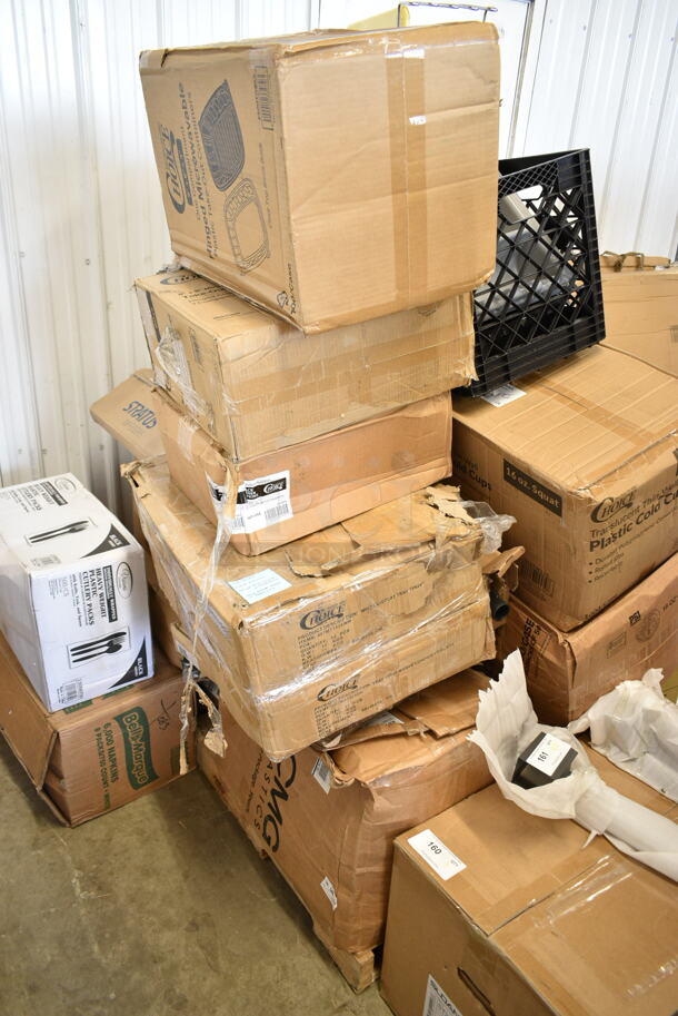 PALLET LOT of 27 BRAND NEW Boxes Including 130BKFSH Visions Wrapped Black Heavy Weight Plastic Cutlery Pack with Knife, Fork, and Spoon - 500/Case, Bell Marque Napkins, 5008W Choice 8 oz. Tall White Poly Paper Hot Cup - 1000/Case, 496STRPQ8W American Louver Company Stratus White Plaque Diffuser with 8