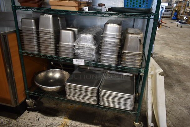 ALL ONE MONEY! Lot of 2 Tiers of Various Items Including Stainless Steel Poly Drop In Bins and Baking Pans.