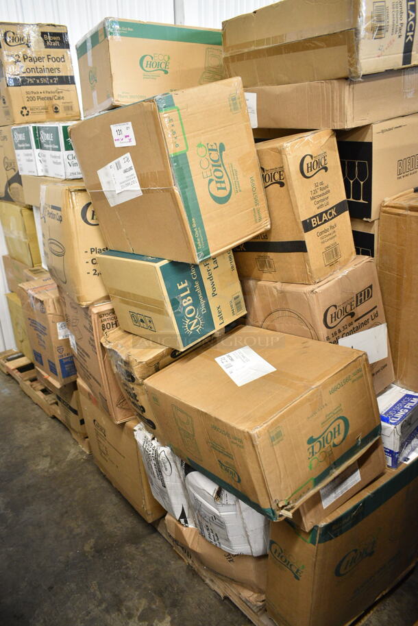 PALLET LOT of 35 BRAND NEW Boxes Including 2 Box 395TO991 EcoChoice 9" x 9" x 3" Compostable Sugarcane / Bagasse 1 Compartment Take-Out Box - 200/Case, 2 Box 395TO993 EcoChoice 9" x 9" x 3" Compostable Sugarcane / Bagasse 3 Compartment Takeout Container - 200/Case, Choice Portion Cup, 2 Box 394365L Noble Large Gloves, Choice 100260CH00260CH Take Out Containers, Dart 80HT1R 8" x 7 1/2" x 2" White Foam Square Take Out Container with Hinged Lid - 200/Case, 17622STPNLCL Choice 22 oz. Clear SAN Plastic Paneled Tumbler - 12/Pack, Choice 4 oz Portion Cups, 129MCR24B Choice 24 oz. Black Round Microwavable Heavy Weight Container with Lid 7 1/4" - 150/Case, 2454/97 Chardonnay Glasses, 129MCR32B Choice 32 oz. Black Round Microwavable Heavy Weight Container with Lid 7 1/4" - 150/Case, Visions Black Plastic Tray, Choice Cling Film, 395TO991 EcoChoice 9" x 9" x 3" Compostable Sugarcane / Bagasse 1 Compartment Take-Out Box - 200/Case, 2 Box 130BGKFSNSPH Visions Heavy Weight Beige Wrapped Plastic Cutlery Pack with Napkin and Salt and Pepper Packets - 500/Case, Ceiling Mount Heat Lamp. 35 Times Your Bid!