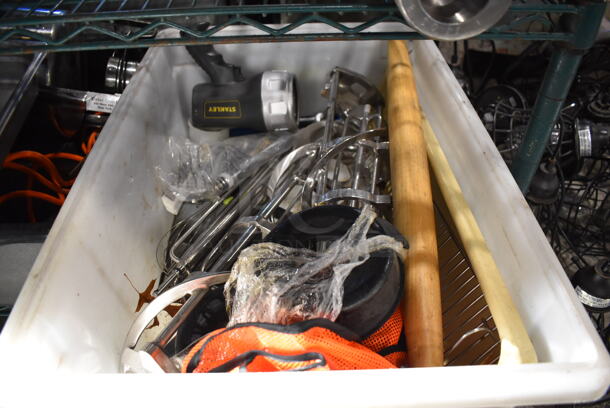 ALL ONE MONEY! Lot of Various Items Including Metal Ice Cream Machine Parts Including Auger and Drip Tray in White Poly Bin
