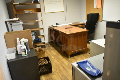 ALL ONE MONEY! Room Lot of Various Items Including Desk, Office Chair, Filing Cabinet, Shelving Unit. BUYER MUST REMOVE: Bring Tools and Manpower Needed To Remove This Item. (basement) 