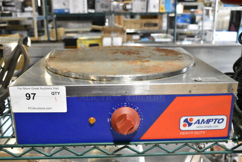 2016 Ampto MPE Stainless Steel Commercial Countertop Electric Powered Single Burner Hot Plate Range. 120 Volts, 1 Phase. 