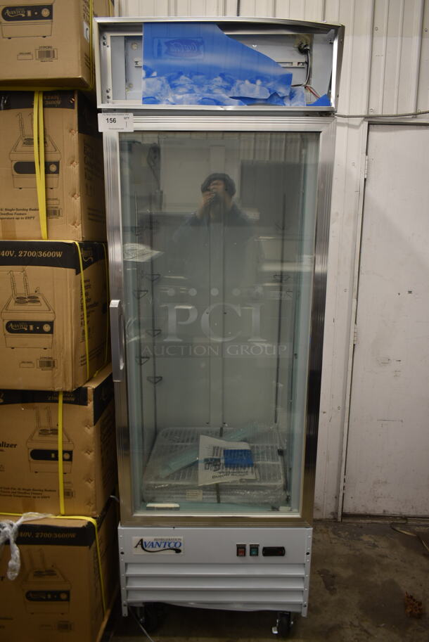 BRAND NEW SCRATCH AND DENT! 2023 Avantco 178GDC12FHCW Metal Commercial Single Door Reach In Freezer Merchandiser w/ Poly Coated Racks. 115 Volts, 1 Phase. Tested and Working!