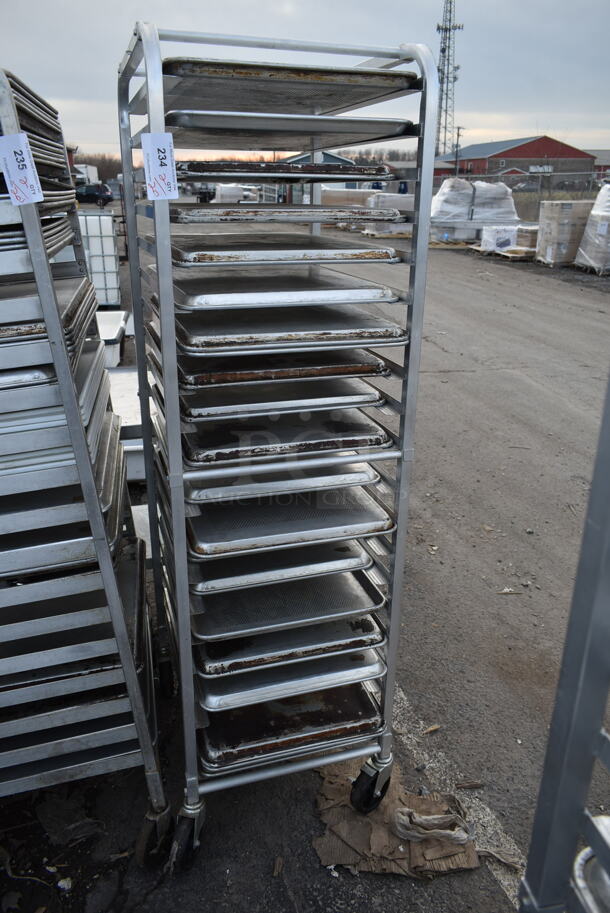 Metal Commercial Pan Transport Rack w/ 20 Metal Baking Pans on Commercial Casters. 