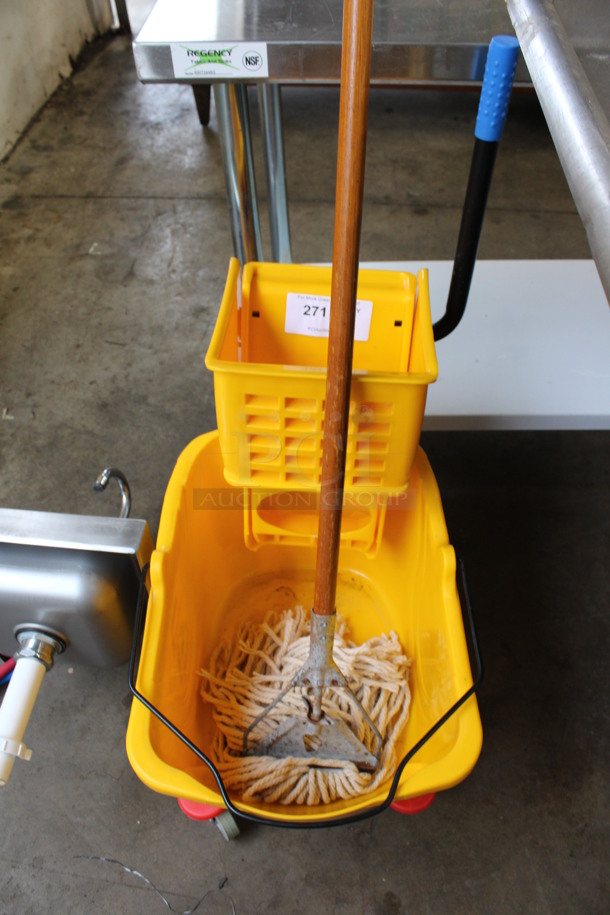 Yellow Poly Mop Bucket w/ Wringing Attachment and Mop on Commercial Casters. 15x24x35, 60"
