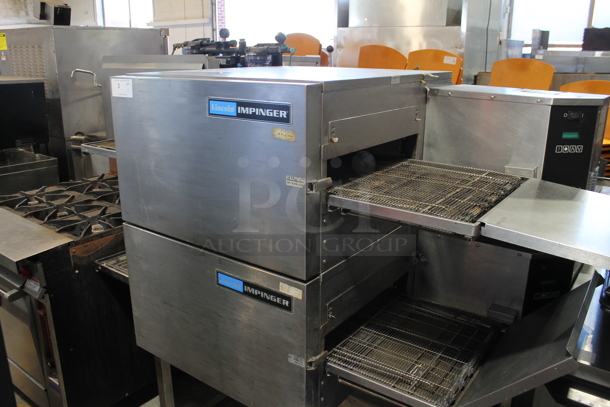 2 Lincoln Impinger 1116-000-A Stainless Steel Commercial Natural Gas Powered Conveyor Pizza Oven on Commercial Casters. 2 Times Your Bid!