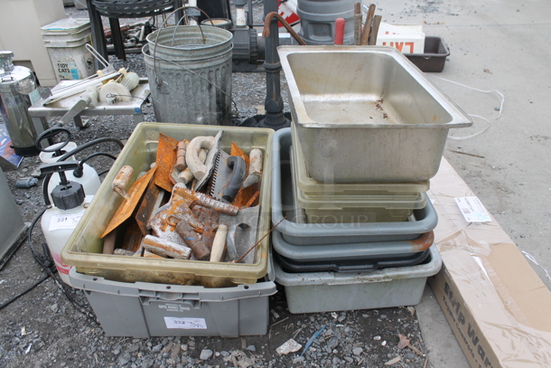ALL ONE MONEY! Lot of Poly Bins, Metal Tools and Metal Bin