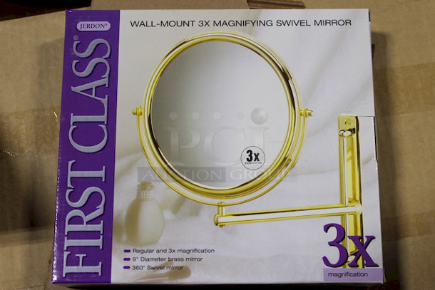 NEW, IN THE BOX!! Jerdon First Class 9" Wall Mounted 3x Magnifying 360 degree Swivel Mirror, Brass. 5x Your Bid