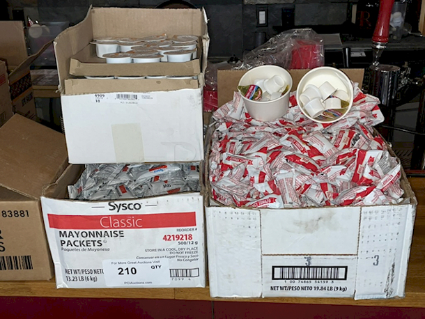 ALL FOR ONE! Smucker's Syrup, Sysco Classic Mayonnaise Packets, House Recipe Fancy Tomato ketchup Packets, Butter Packs
