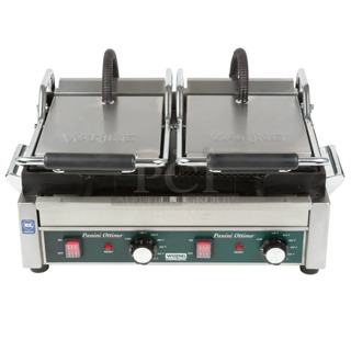 BRAND NEW SCRATCH AND DENT! 2023 Waring WFG300 Stainless Steel Commercial Countertop Double Panini Press. 240 Volts, 1 Phase. 