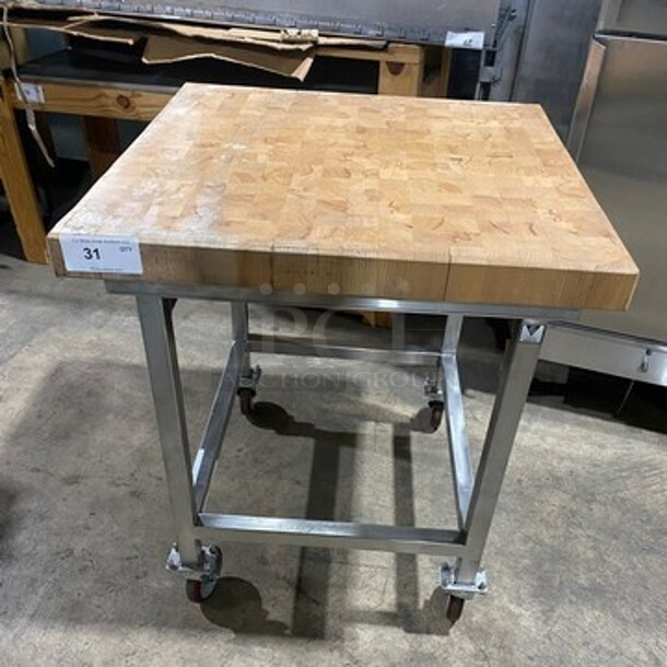 NICE! Butcher Block Never Used Reversable Prep Table! 3" Thick! On Casters!