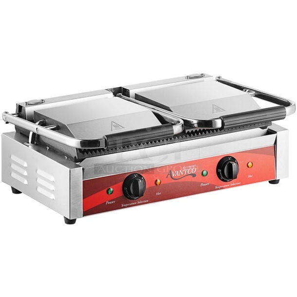 BRAND NEW SCRATCH AND DENT! Avantco 177P84 Stainless Steel Countertop Double Commercial Panini Sandwich Grill with Grooved Plates. 120 Volts, 1 Phase. Tested and Working!