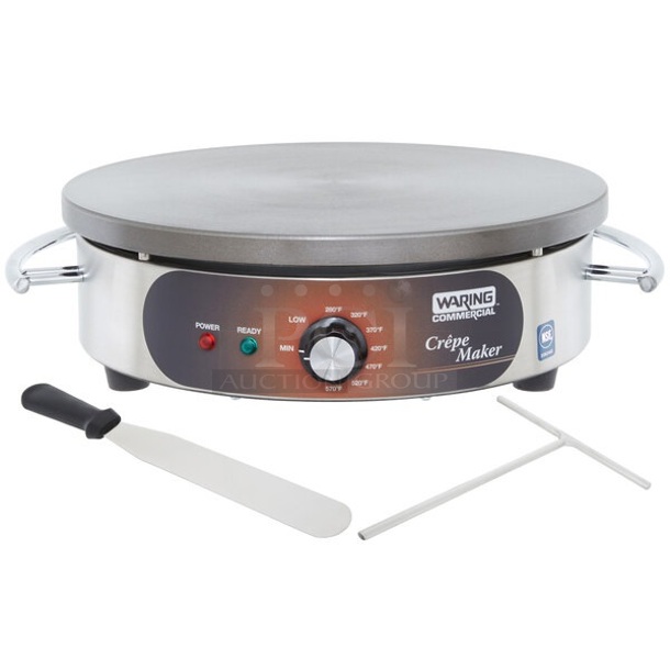 BRAND NEW SCRATCH AND DENT! Waring WSC165BX Stainless Steel Commercial 16" Round Crepe Maker w/ Crepe Spatula and Batter Spreader. 208/240 Volts, 1 Phase. 