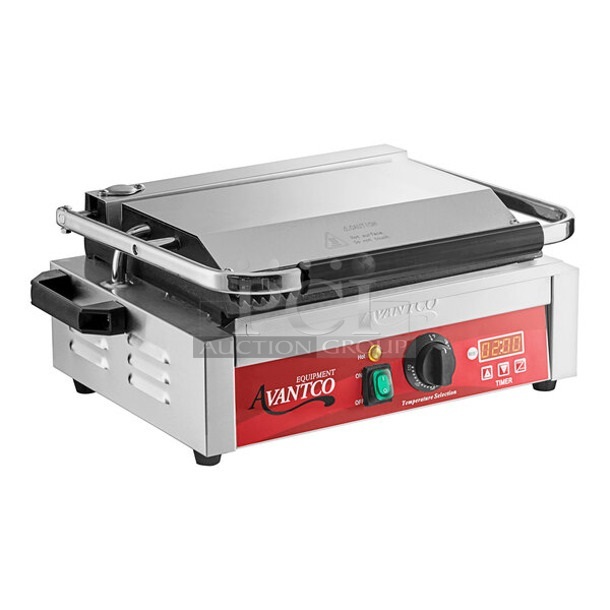 BRAND NEW SCRATCH AND DENT! 2023 Avantco 177PG200T Stainless Steel Commercial Countertop Panini Sandwich Grill with Timer, Grooved Plates, and 13 3/8" x 8 3/4" Cooking Surface. 120 Volts, 1 Phase. Tested and Working!