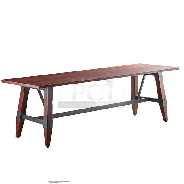 BRAND NEW SCRATCH AND DENT! Lancaster Table & Seating 3493096MAH30 63"x30" Solid Wood Live Edge Mahogany Table Top w/ Legs and 164TCB3096D Connector Bar For 30"x96" Dining Height.