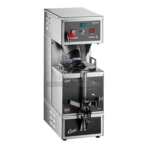 BRAND NEW SCRATCH AND DENT! Curtis 945GEM120A10 Stainless Steel Gemini Stainless Steel Analog Satellite Coffee Brewer w/ Hot Water Dispenser, Metal Brew Basket and Satellite Server. 120 Volts, 1 Phase