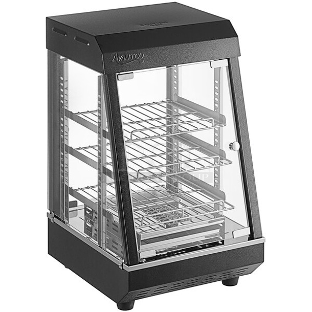 BRAND NEW SCRATCH AND DENT! 2023 Avantco 1177HDC13 13" Self/Full Service 3 Shelf Countertop Heated Display Case with Hinged Door. 1 Pane of Glass Shattered. 120 Volts, 1 Phase. Tested and Working!