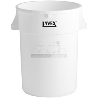 3 BRAND NEW SCRATCH AND DENT! Lavex 475TCRND44WH 44 Gallon White Round Commercial Trash Can w/ 3 Lavex 475TCLD44WH 44 Gallon White Round Commercial Trash Can Lid. 3 Times Your Bid! 