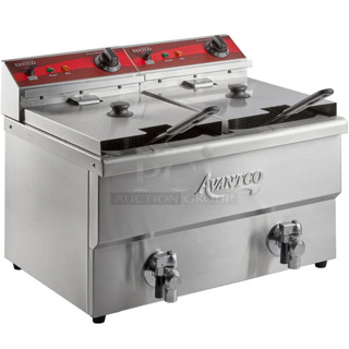 BRAND NEW SCRATCH AND DENT! 2024 Avantco 177F202 Stainless Steel Commercial Countertop Electric Powered 2 Bay Fryer w/ Lids and Metal Fry Baskets. 208-240 Volts, 1 Phase.