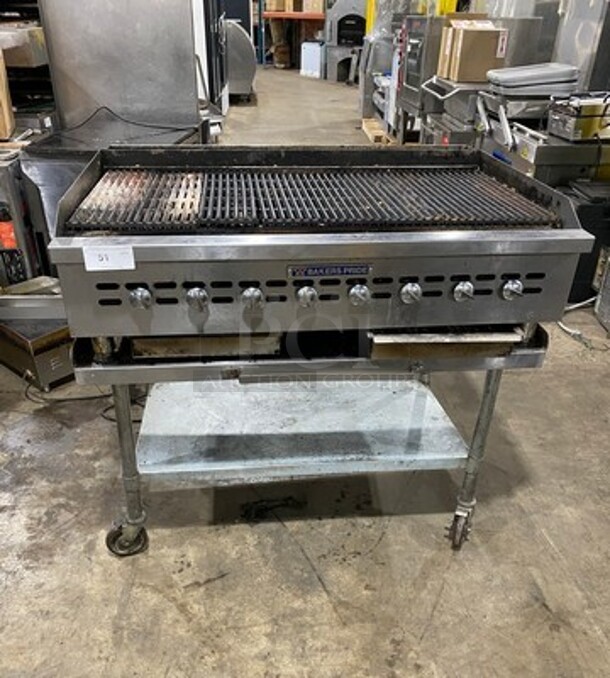 LATE MODEL! Bakers Pride Commercial Natural Gas Powered Char Broiler Grill! On Equipment Stand! With Storage Space Underneath! All Stainless Steel! On Casters! WORKING WHEN REMOVED!