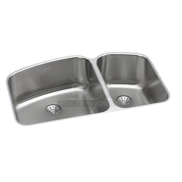 BRAND NEW SCRATCH AND DENT! Elkay ELUH31229RPD Lustertone Classic Stainless Steel 32-3/4" x 21" x 9" 60/40 Double Bowl Undermount Sink with Perfect Drain. Stock Picture Used For Gallery Picture.