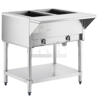 BRAND NEW SCRATCH & DENT! ServIt GST-2WE-NG Two Pan Open Well Natural Gas Steam Table with Undershelf - 7000 BTU. Unit is scratched and dented. 