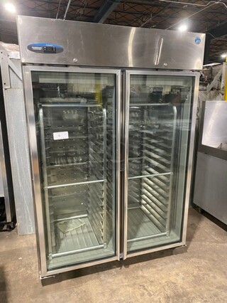 GREAT! Hoshizaki Commercial 2 Door Reach In Refrigerator! With View Through Doors! All Stainless Steel! With Built In Pan Racks! On Casters! 115V 1 Phase! Model: CR2B-FGY SN: E50251C!
