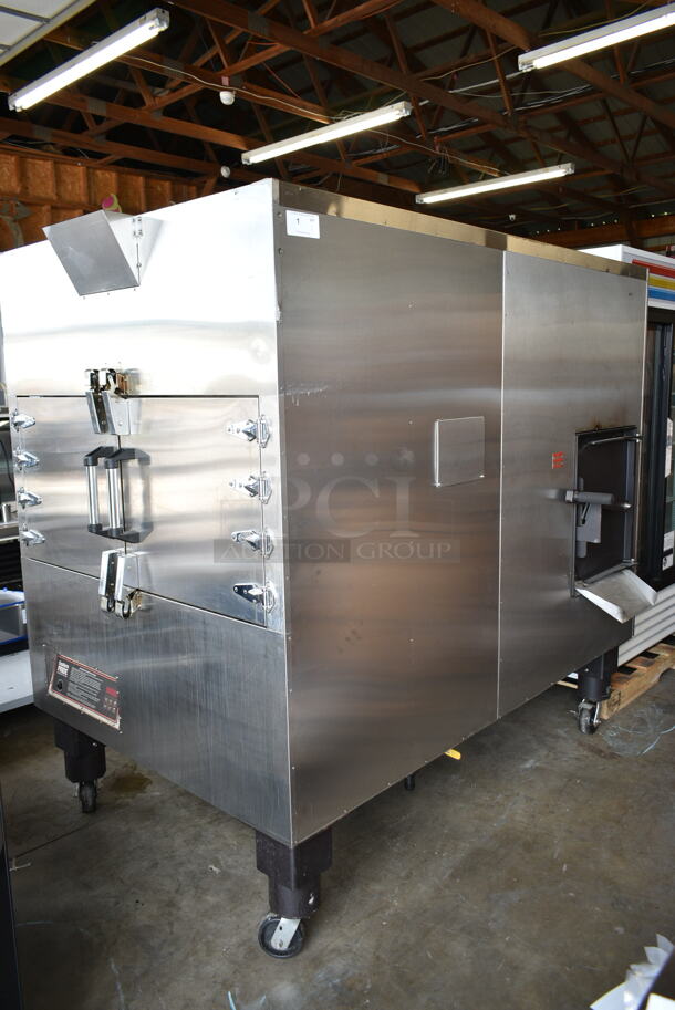 Southern Pride SP-750 Stainless Steel Commercial Floor Style Natural Gas Powered Smoker on Commercial Casters. 150,000 BTU. 