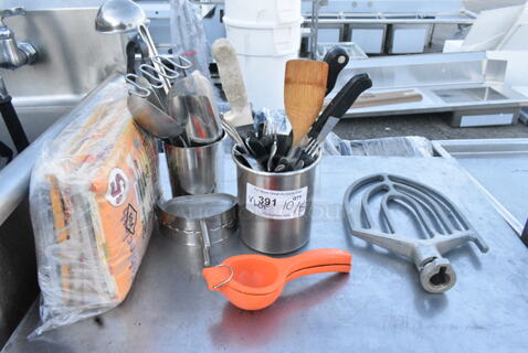 ALL ONE MONEY! Lot of Various Items Including Utensils and Paddle Attachment for Hobart Mixer. 