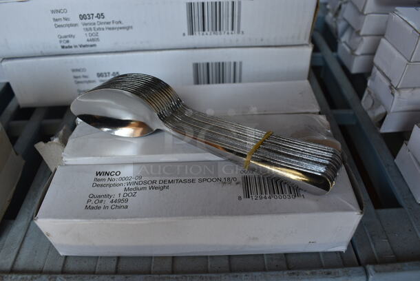 36 BRAND NEW IN BOX! Winco 0002-09 Stainless Steel Windsor Demitasse Spoons. 4.75". 36 Times Your Bid!