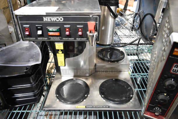 Newco Stainless Steel Commercial Countertop 3 Burner Coffee Machine w/ Hot Water Dispenser and Poly Brew Basket. 
