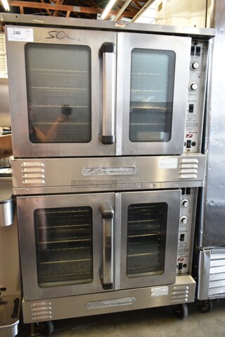 2 Southbend SL Series Stainless Steel Commercial Natural Gas Powered Full Size Convection Ovens w/ View Through Doors, Metal Oven Racks and Thermostatic Controls on Commercial Casters. 2 Times Your Bid! 