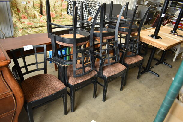 7 Black Wood Pattern Window Back Dining Height Chairs w/ Arm Rests and Cushions. 7 Times Your Bid!