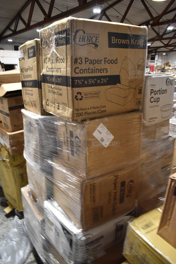 PALLET LOT of 20 BRAND NEW Boxes Including Choice 1.5 oz Portion Cups, 561007 Carlisle 561007 Alibi 10 oz. SAN Plastic Hi Ball Glass - 24/Case, 2 Box 5008W Choice 8 oz. Tall White Poly Paper Hot Cup - 1000/Case, 2 Box Lavex Jumbo Toilet Paper, 130BKFSNH Visions Heavy Weight Black Wrapped Plastic Cutlery Pack with Napkin - 500/Case, 795PTOKFT3 Choice Kraft Microwavable Folded Paper #3 Take-Out Container 7 3/4" x 5 1/2" x 2 1/2" - 200/Case, Dart 85HT3R 8" x 8" x 3" White Foam Three-Compartment Square Take Out Container with Perforated Hinged Lid - 200/Case, 3 Box 395TO991 EcoChoice 9" x 9" x 3" Compostable Sugarcane / Bagasse 1 Compartment Take-Out Box - 200/Case. 20 Times Your Bid!
