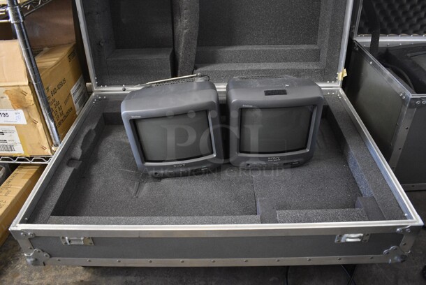 Two Sony Model KV-9PT20 10" Monitors In Gray Metal Case on Commercial Casters. 36x26x20
