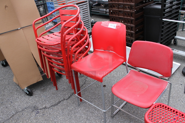 8 Various Red Chairs Including Patio Chairs w/ Arm Rests and Bar Height Chair. 8 Times Your Bid!