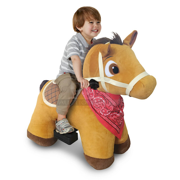 AWESOME!! 6 Volt Stable Buddies Chestnut Horse Plush Ride-On by Dynacraft, with Removable Bandana and Play Stable Included! 30.71"L x 17.72"W x 26.77"H