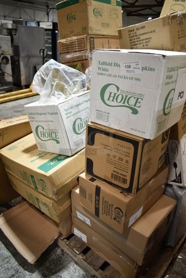 PALLET LOT of 30 BRAND NEW Boxes Including 2 Box 966TALLFLDB Choice White Tall-Fold 6" x 13" Dispenser Napkin - 8000/Case, PP225-IVORY Hinge Containers, 129CRS242CB Choice 30 oz. Black 8 3/4" x 6" x 2 3/4" 2-Compartment Rectangular Microwavable Heavy Weight Container with Lid - 150/Case, 2 Box 128HD8COMBO 8 oz. Microwavable Translucent Plastic Deli Container and Lid Combo Pack, PP225 Containers, 130HSBK1M Visions Black Heavy Weight Plastic Teaspoon - Case of 1000, 612LOB4LBCO Choice 4 lb. Oblong Foil Take-Out Container with Board Lid - 100/Case, Wilton 303-4005 9" Plastic Hidden Cake Pillars - 4/Pack, 2 Box Kraft Paper 16 oz Soup Cups, 395TO961 EcoChoice Compostable Sugarcane, Solo PL200N Medium Clear Plastic Souffle / Cup Lid - 2500/Case, 500MFT Pacific Blue Basic White 1-Ply M-Fold Paper Towel - 4000/Case, 3 Box Medium Weight Sporks. 30 Times Your Bid! 