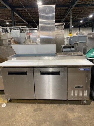 Sweet! LATE MODEL! Central Commercial Refrigerated Pizza Prep Table! With Full Length Removable Cutting Board! With 2 Door Refrigerated Storage Underneath! With Poly Coated Racks! 115V 1 Phase! Model: 69K014 SN: 8060492! On Commercial Casters! Working When Removed! 