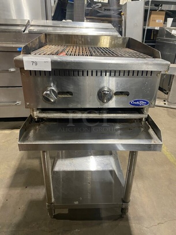 LATE MODEL! 2022 Cook Rite Commercial Countertop Natural Gas Powered Char Broiler Grill! With Back & Side Splashes! On Commercial Equipment Stand! All Stainless Steel! With Underneath Storage Space! Model ATRC24 Serial ATRC24AUS100322070800C40027! On Legs!