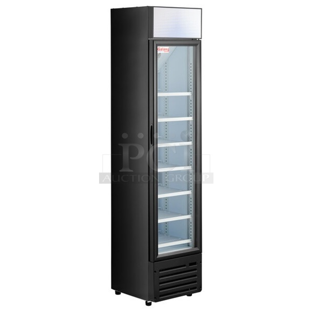 BRAND NEW SCRATCH AND DENT! Galaxy 177GDN5RBB Metal Commercial 16 1/2" Black Swing Glass Door Merchandiser Refrigerator with Red, White, and Blue LED Lighting. 115 Volts, 1 Phase. Tested and Working!
