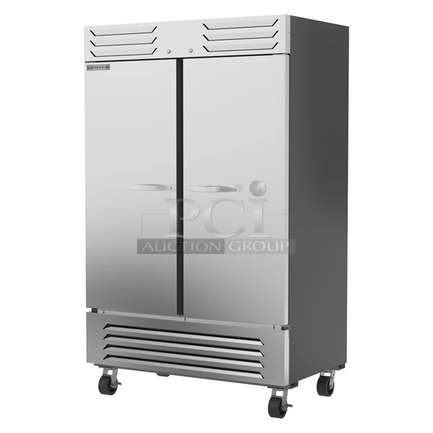 BRAND NEW SCRATCH AND DENT! Beverage Air SF2HC-1S Stainless Steel Commercial 2 Door Reach In Freezer w/ Poly Coated Racks and Commercial Casters. 120 Volts, 1 Phase. - Item #1128182