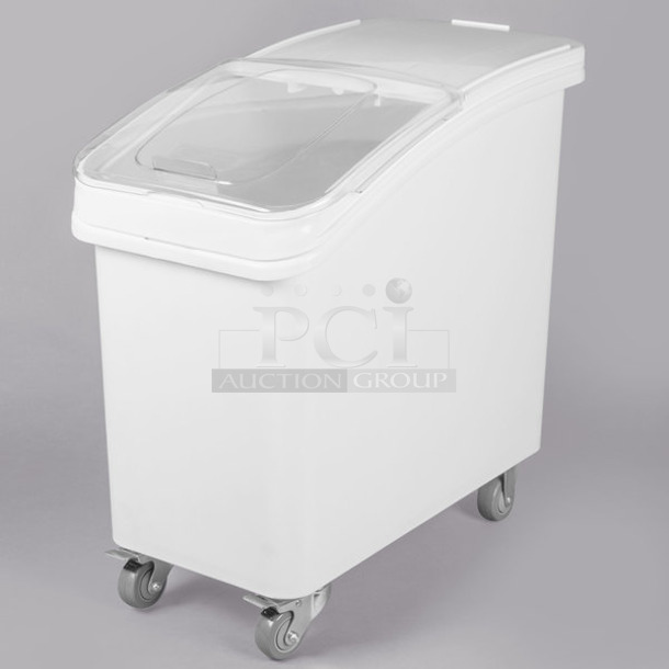 BRAND NEW SCRATCH AND DENT! Baker's Mark 176BIN27GL 27 Gallon / 430 Cup White Slant Top Mobile Ingredient Storage Bin with Sliding Lid & Scoop