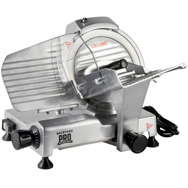 BRAND NEW SCRATCH AND DENT! 2022 Backyard Pro MS-106119A 554SL109E Stainless Steel Commercial Countertop Meat Slicer w/ Blade Sharpener. 120 Volts, 1 Phase. Tested and Working!