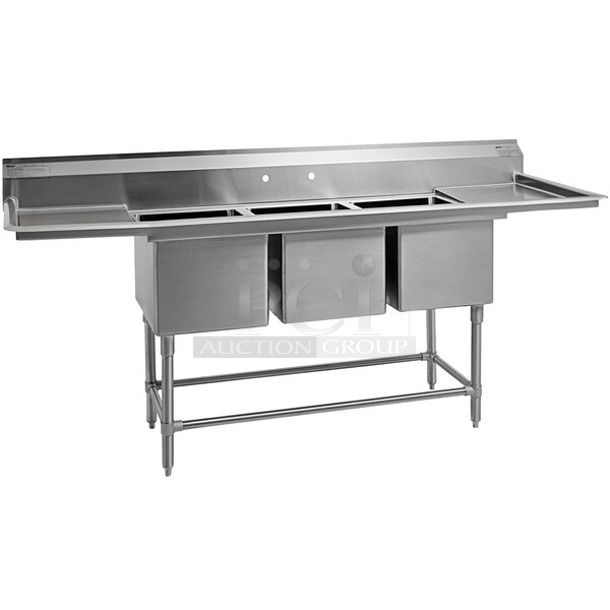 BRAND NEW SCRATCH AND DENT! Eagle FN2860-3-18-14/3 102" 14-Gauge Stainless Steel Three Compartment Commercial Sink with Two 18" Drainboards - 20" x 28" x 14" Bowls