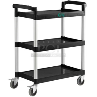 BRAND NEW SCRATCH AND DENT! 109CARTBUSBK Black Utility / Bussing Cart with Three Shelves - 32" x 16". May Be Missing Pieces. 