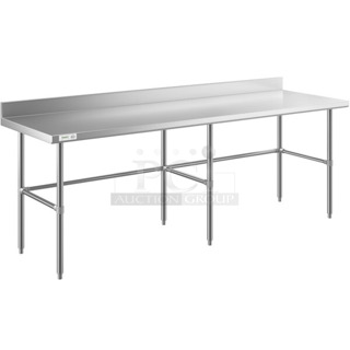 BRAND NEW SCRATCH AND DENT! Regency 600WT30X96BS 30" x 96" 16-Gauge 304 Stainless Steel Commercial Open Base Work Table with 4" Backsplash. May Be Missing Pieces. 